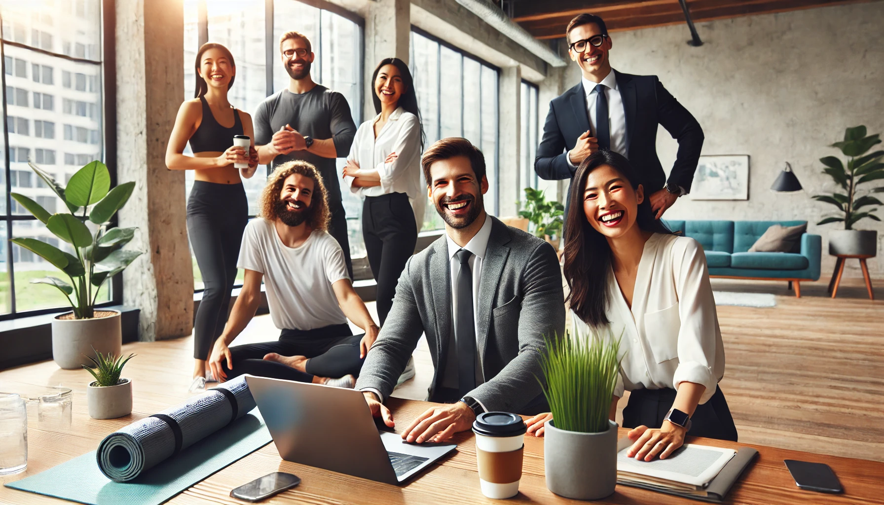 A diverse group of professionals smiling and collaborating in a modern office, with a laptop, yoga mat, and coffee cup symbolizing work-life balance.