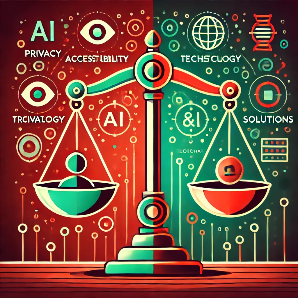A balance scale comparing Metaverse challenges like privacy and accessibility with solutions such as AI and blockchain