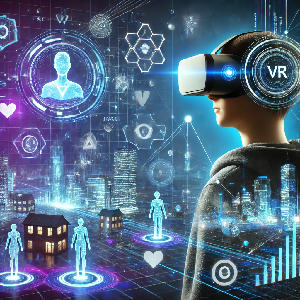 A futuristic scene of a person wearing a VR headset, surrounded by holographic virtual buildings, avatars, and digital icons.