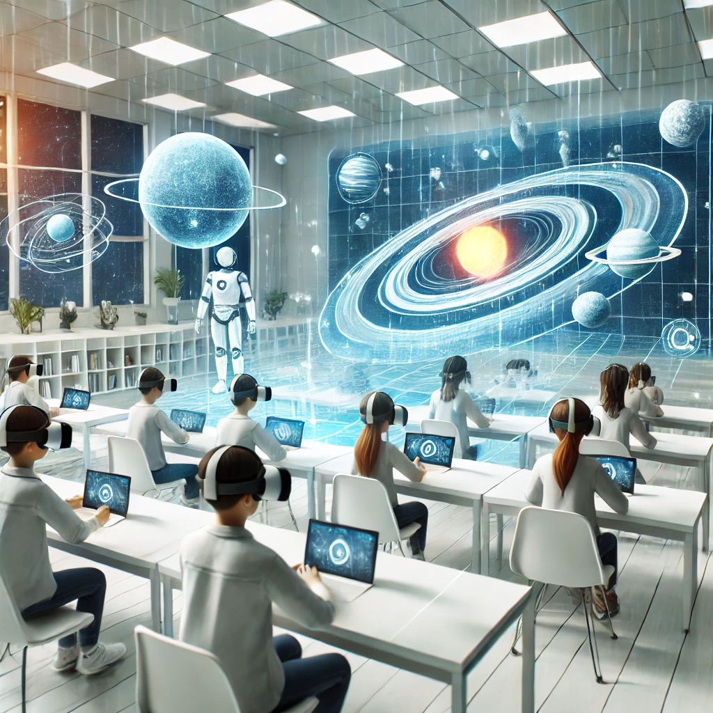 A virtual classroom where students wearing VR headsets explore a 3D model of the solar system.