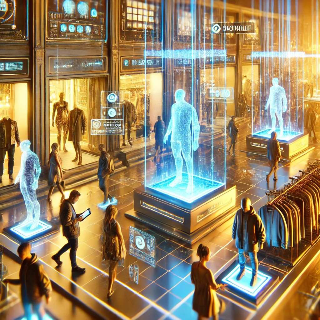 A digital marketplace in the Metaverse with avatars buying and selling virtual goods, including art, clothing, and real estate.