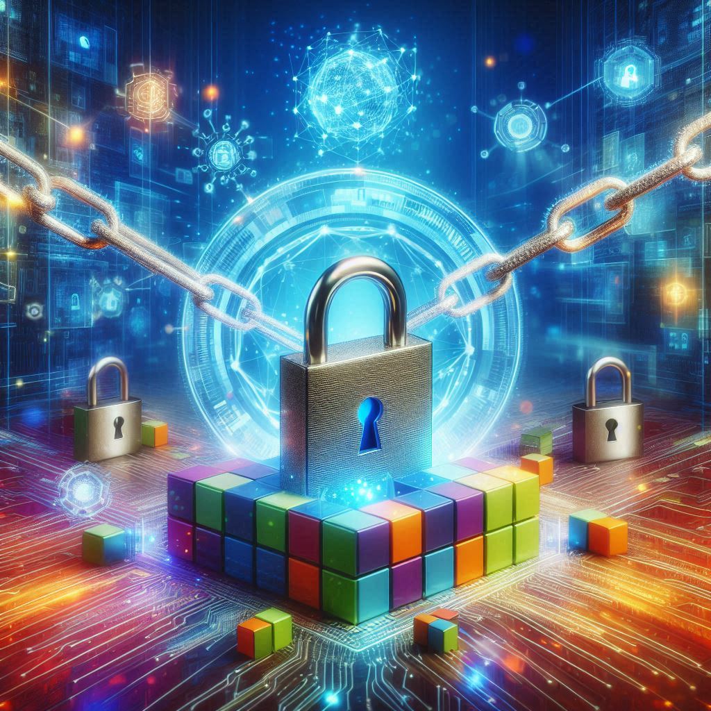 Minimalistic illustration of a blockchain network ensuring data integrity with tamper-proof transactions.