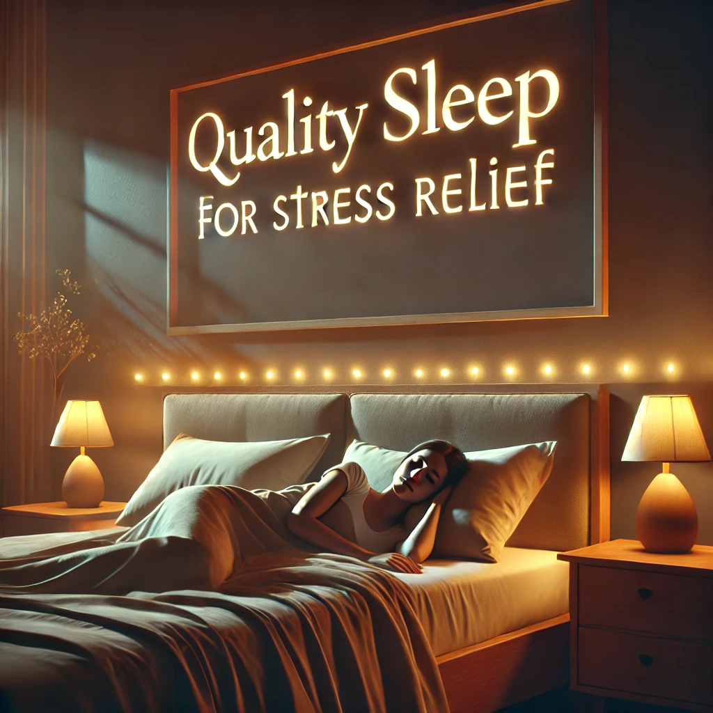 A cozy bedroom with warm lighting promoting quality sleep for stress relief and mental well-being.