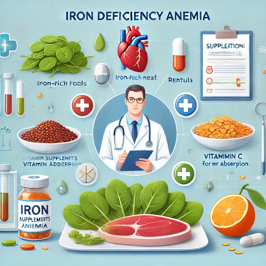 A medical infographic illustrating iron deficiency anemia prevention. It features iron-rich foods like spinach, lentils, and red meat, a doctor recommending iron supplements, and an orange next to iron sources to highlight vitamin C’s role in better absorption. The design has a clean, professional medical theme.
