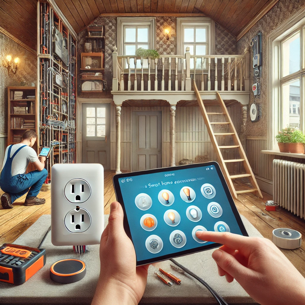 A technician installing plug-and-play smart outlets and bulbs in an older home.