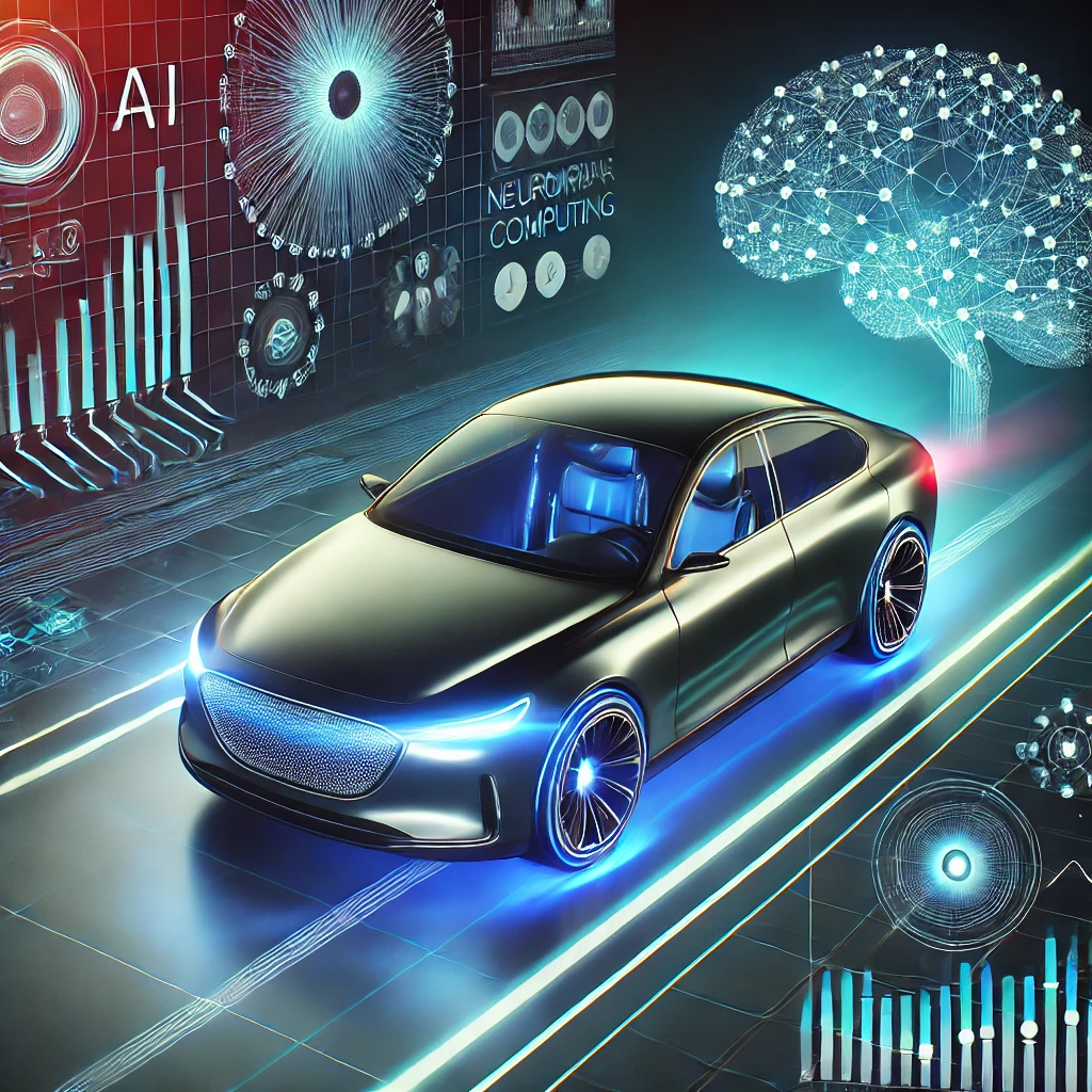 A sleek self-driving car using AI-powered sensors and neuromorphic computing for real-time decision-making and autonomous driving.
