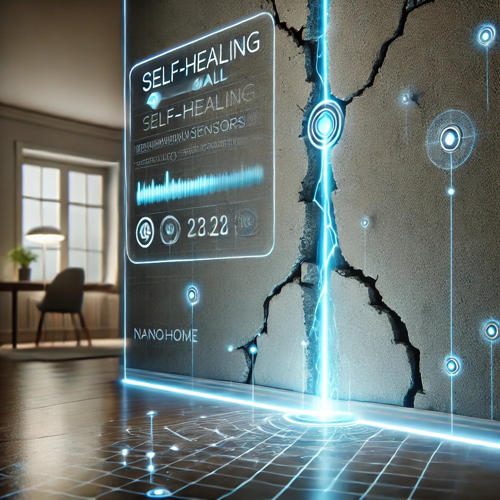A close-up of a wall crack sealing automatically using embedded nanosensors in a smart home system.
