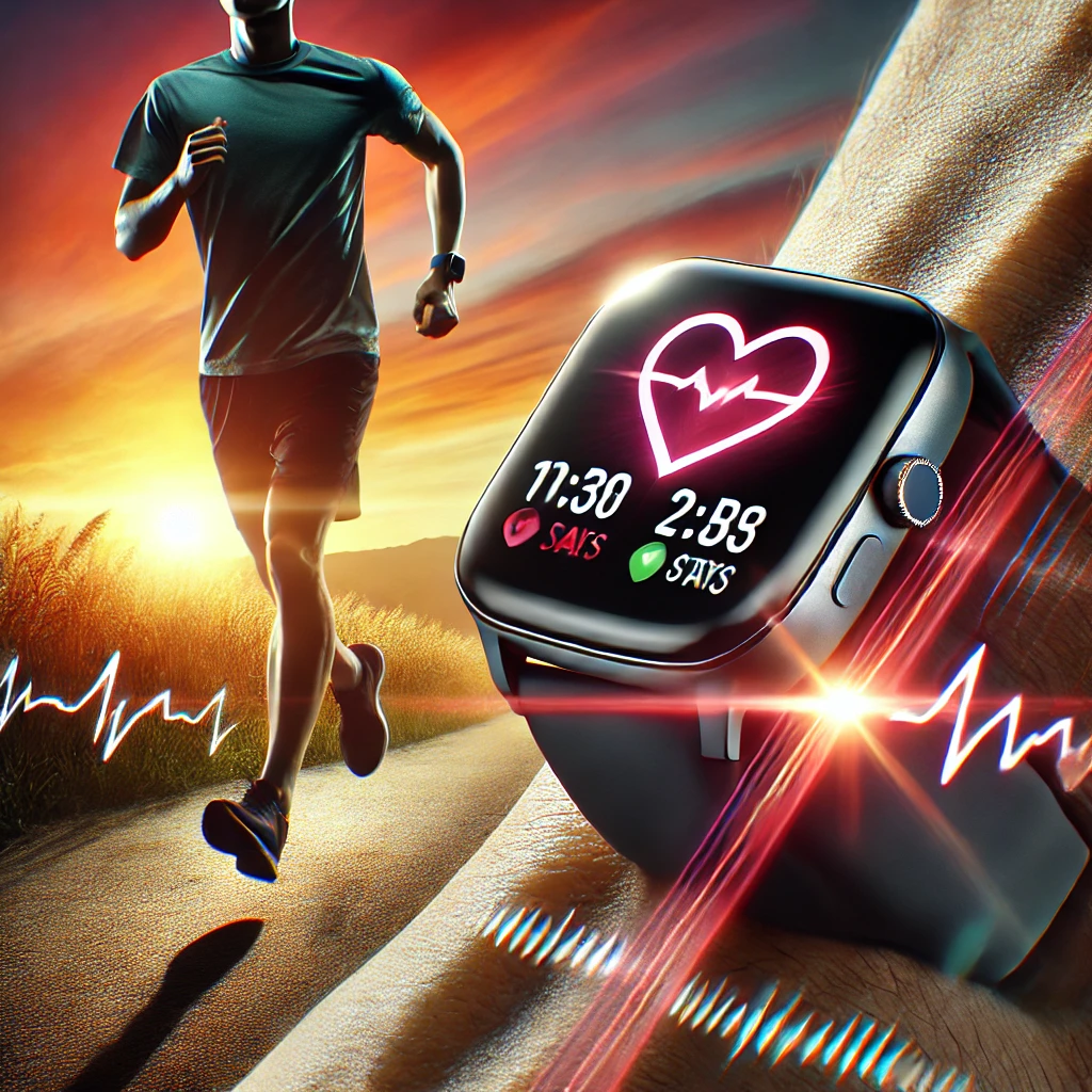 A runner wearing a smartwatch displaying heart rate, step count, and calories burned, tracking their fitness progress during an outdoor workout at sunset.