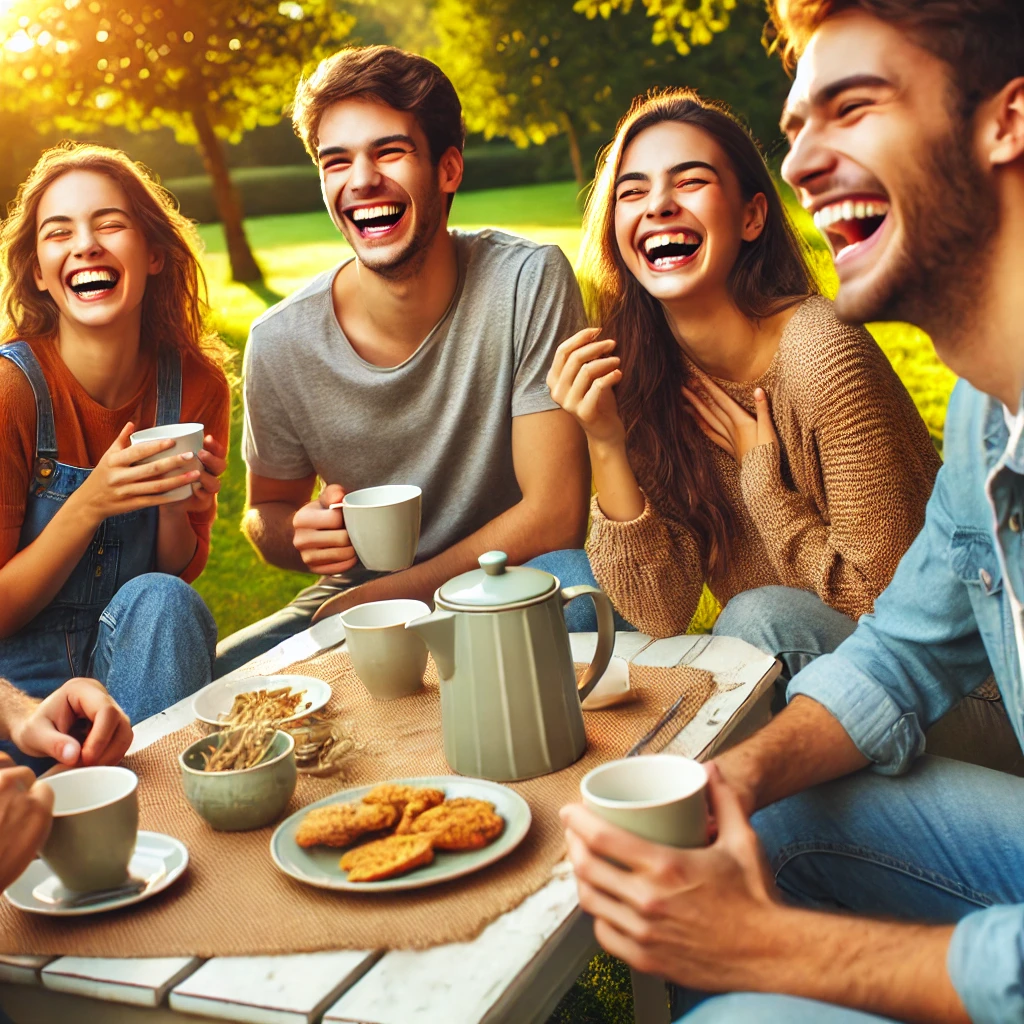 A happy group of friends laughing and enjoying tea in a park, emphasizing social connections for mental health and stress relief.