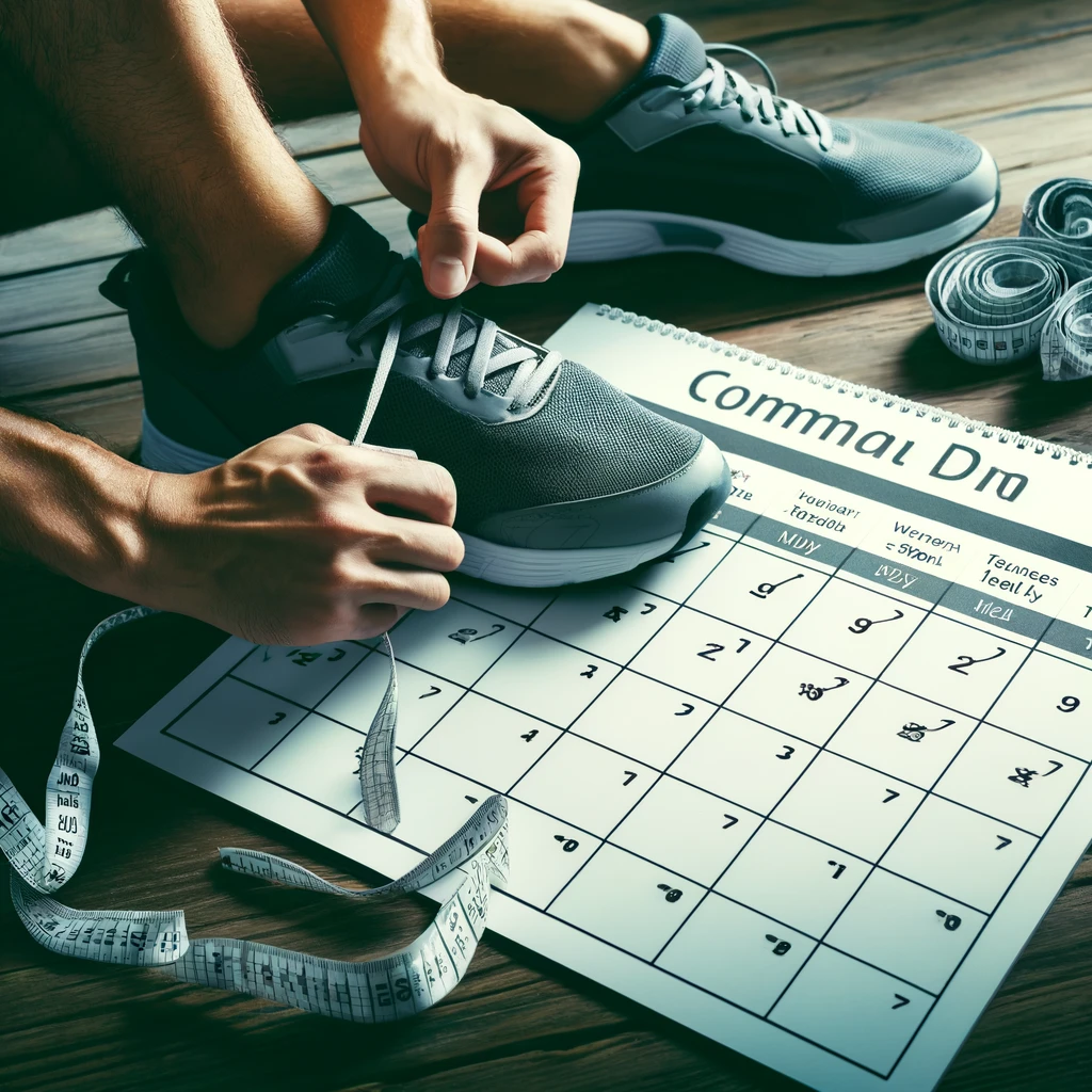  A calendar with a marked workout schedule, accompanied by a person tying their running shoes, symbolizing commitment and consistency in fitness routines.
