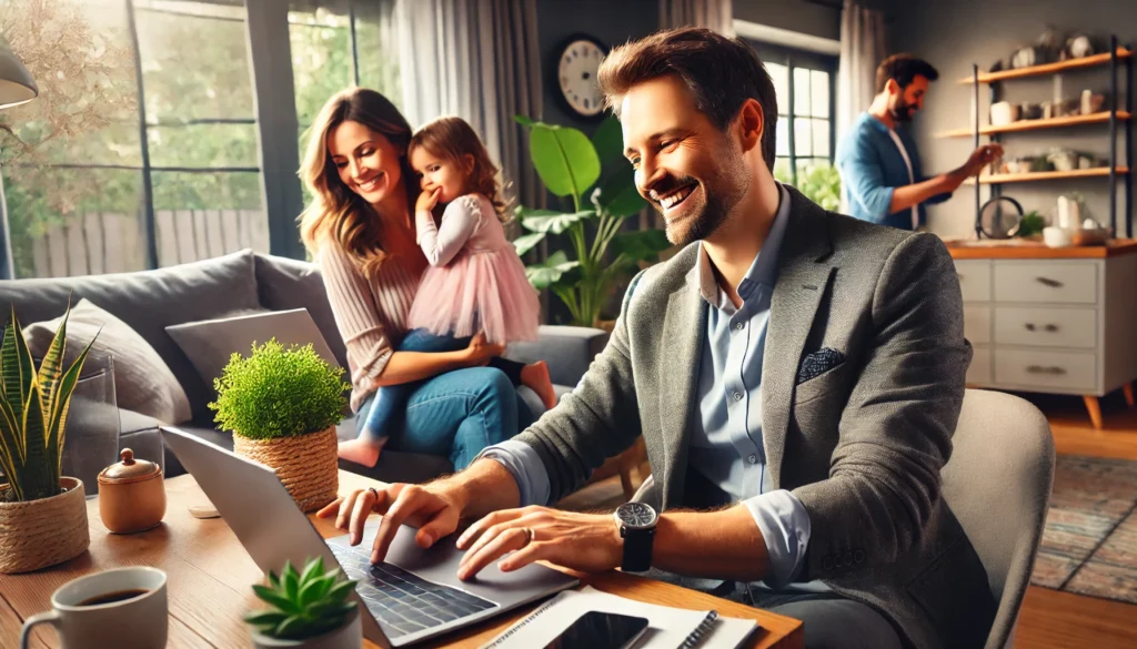 A professional enjoying a balanced life, working on a laptop while spending quality time with family.