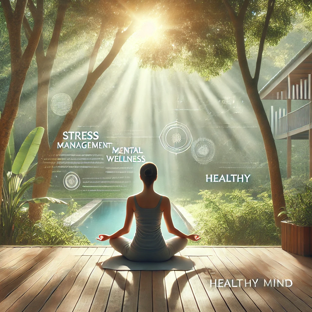 A serene outdoor scene with a person meditating in nature, promoting stress management and mental wellness.