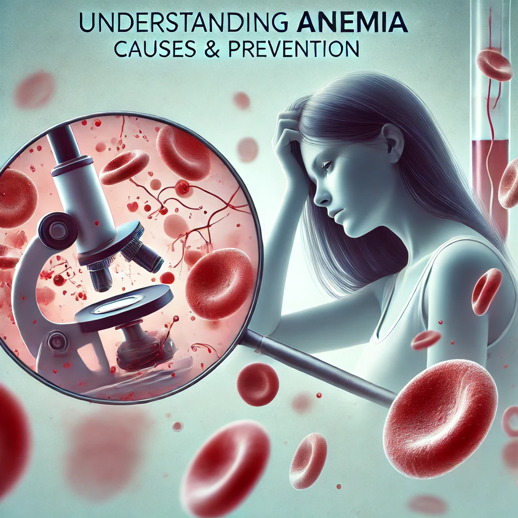 A medical illustration of anemia showing a tired woman with fatigue, a magnified view of red blood cells under a microscope, and a test tube with blood. The image highlights anemia symptoms and causes with a text overlay stating "Understanding Anemia: Causes & Prevention."