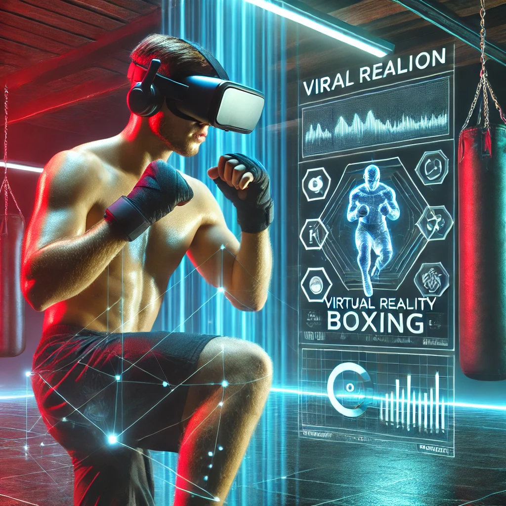 A person fully engaged in a virtual reality fitness boxing session, wearing a VR headset with holographic workout data in a futuristic digital gym.