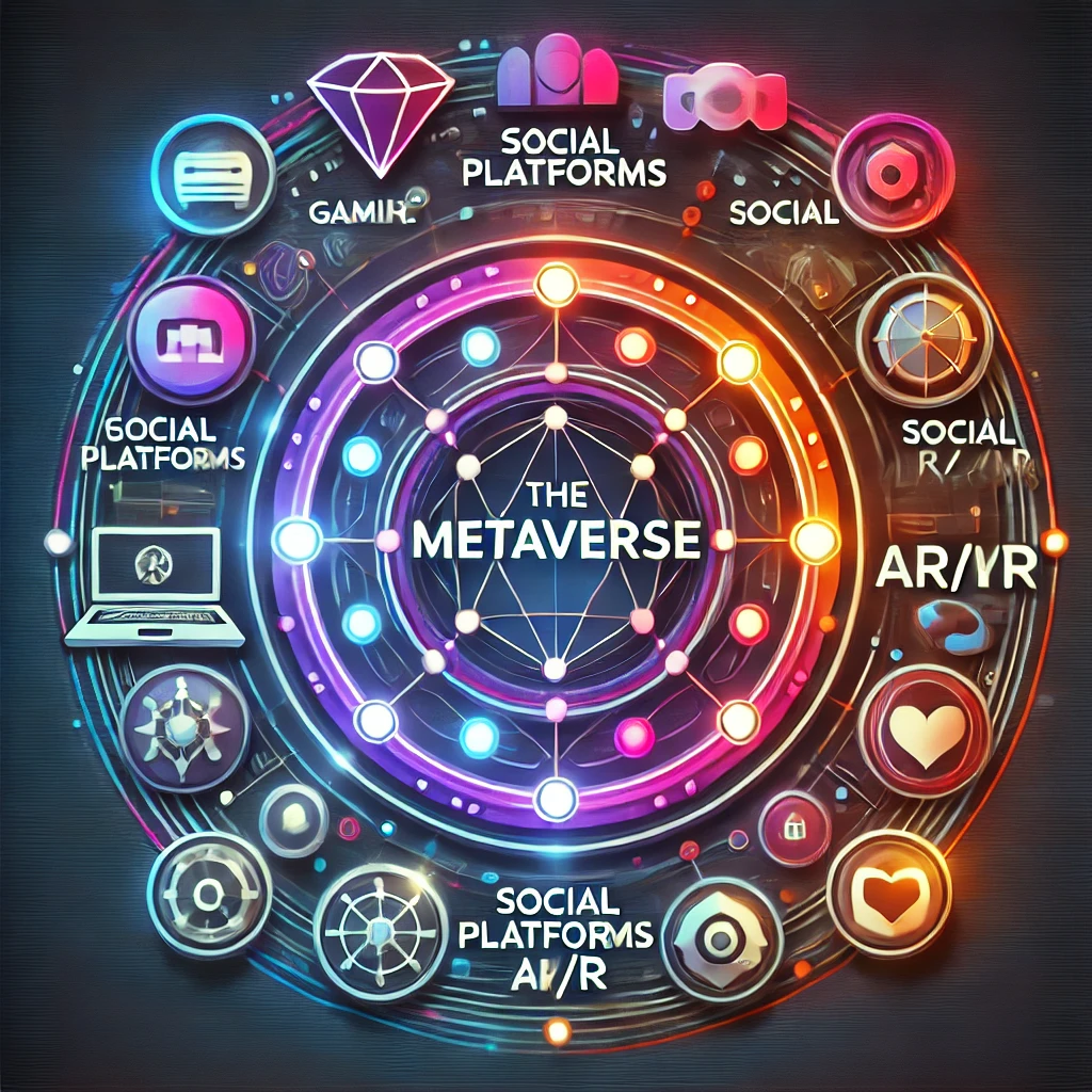 A circular infographic explaining the Metaverse, featuring icons for gaming, social platforms, AR/VR, and virtual economies.