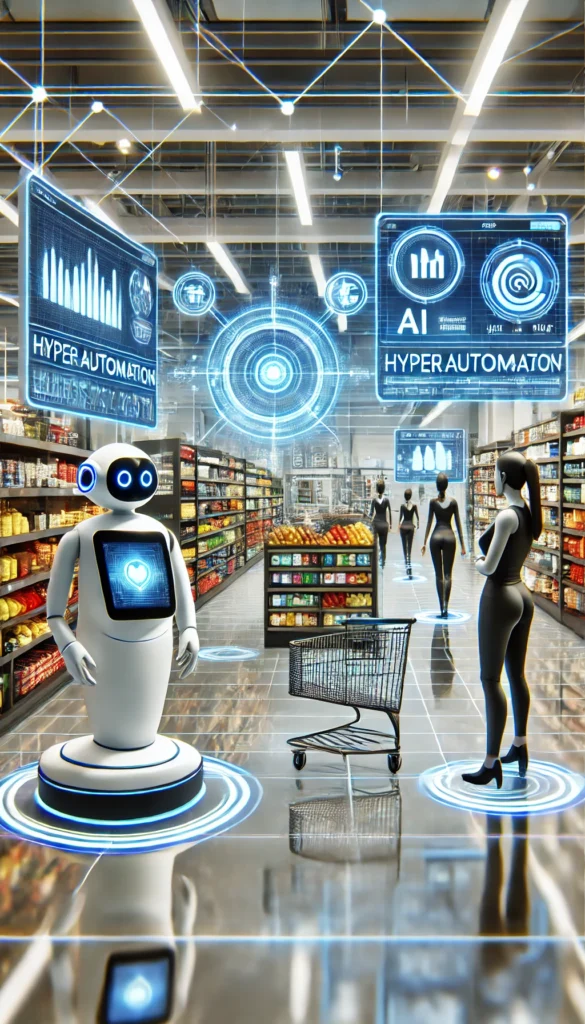A futuristic retail store with AI-powered self-checkout, automated inventory robots, and real-time analytics displays