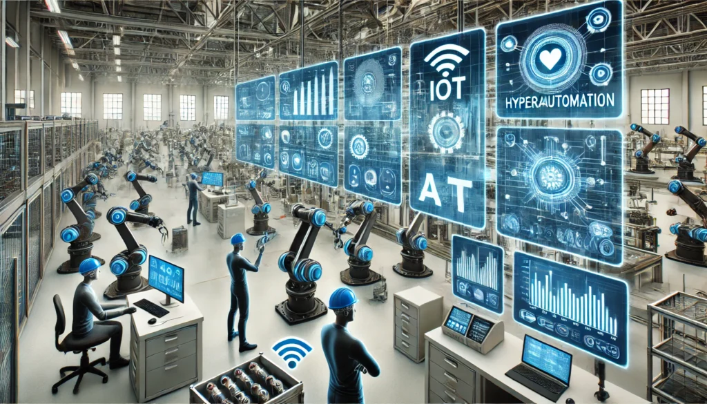 A high-tech manufacturing facility with AI-powered robotic arms, IoT sensors, and digital control panels optimizing production.