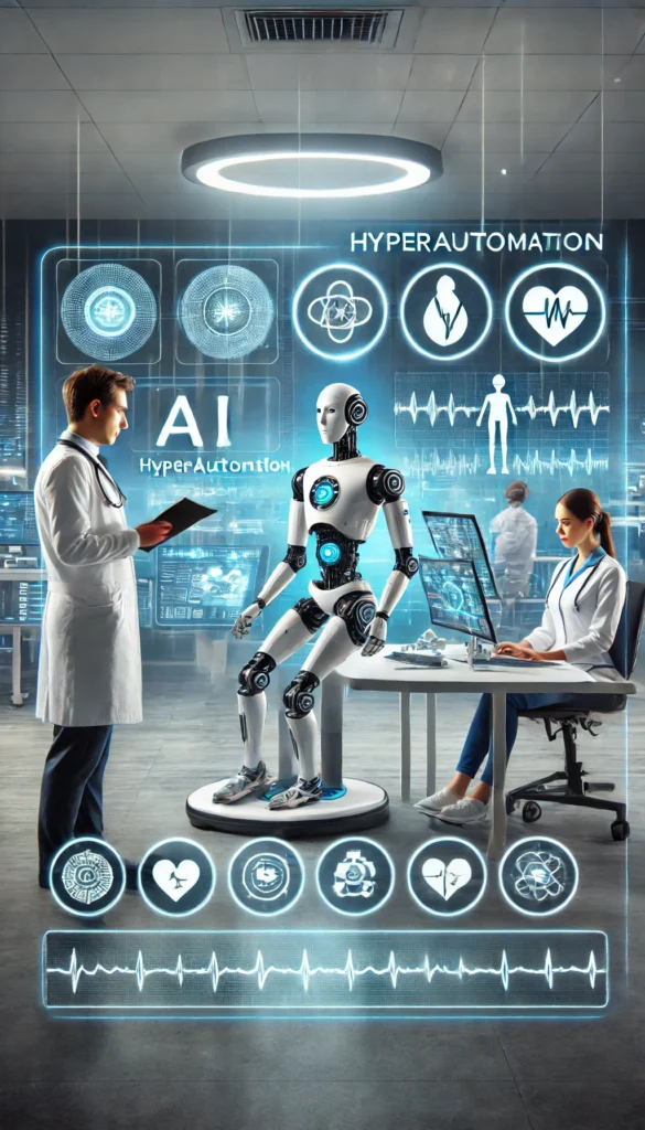 A modern hospital utilizing AI-driven diagnostic tools, robotic assistants, and automated patient monitoring systems