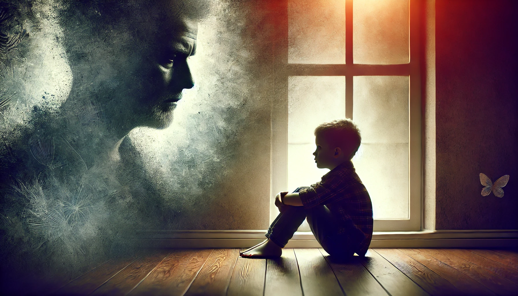 A lonely child sitting by a window, symbolizing the long-term effects of childhood trauma on adult health.