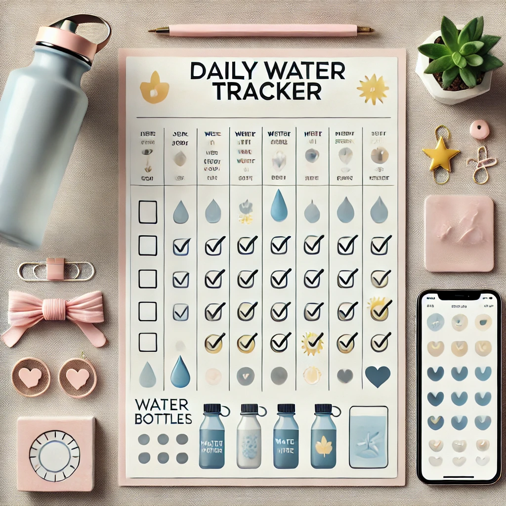 A daily hydration tracker showing recommended water intake and reminders to stay hydrated.
