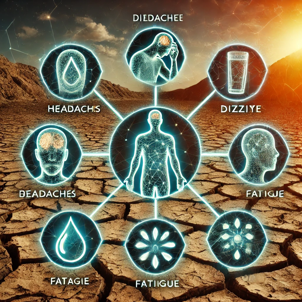Graphic displaying common symptoms of dehydration, including headaches, dry skin, and fatigue.