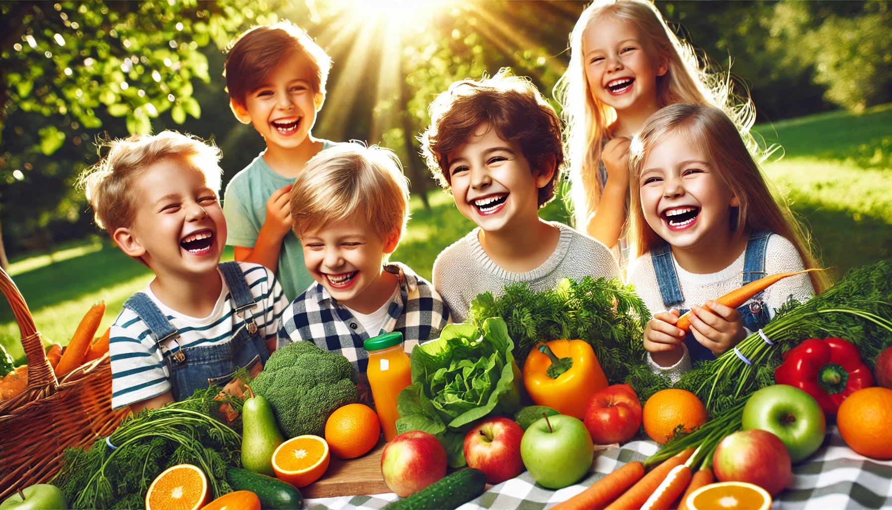 Joyful children enjoying a colorful spread of fresh fruits and vegetables in an outdoor setting, promoting healthy eating habits with vibrant greens, berries, and citrus under natural sunlight.