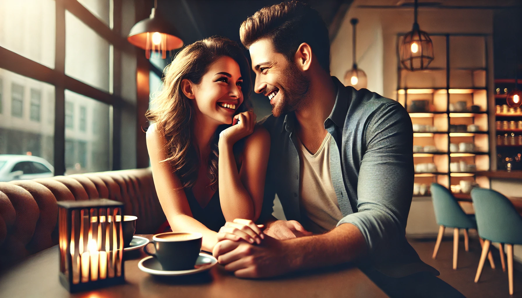 A happy couple sitting at a cozy café, engaged in deep conversation with warm smiles, symbolizing trust and emotional connection in a healthy relationship.