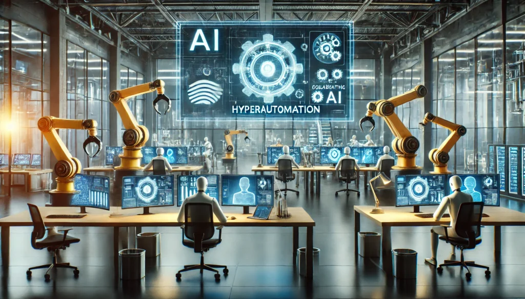 AI and robotic arms collaborating in a modern office setting, symbolizing the integration of hyperautomation in business processes.