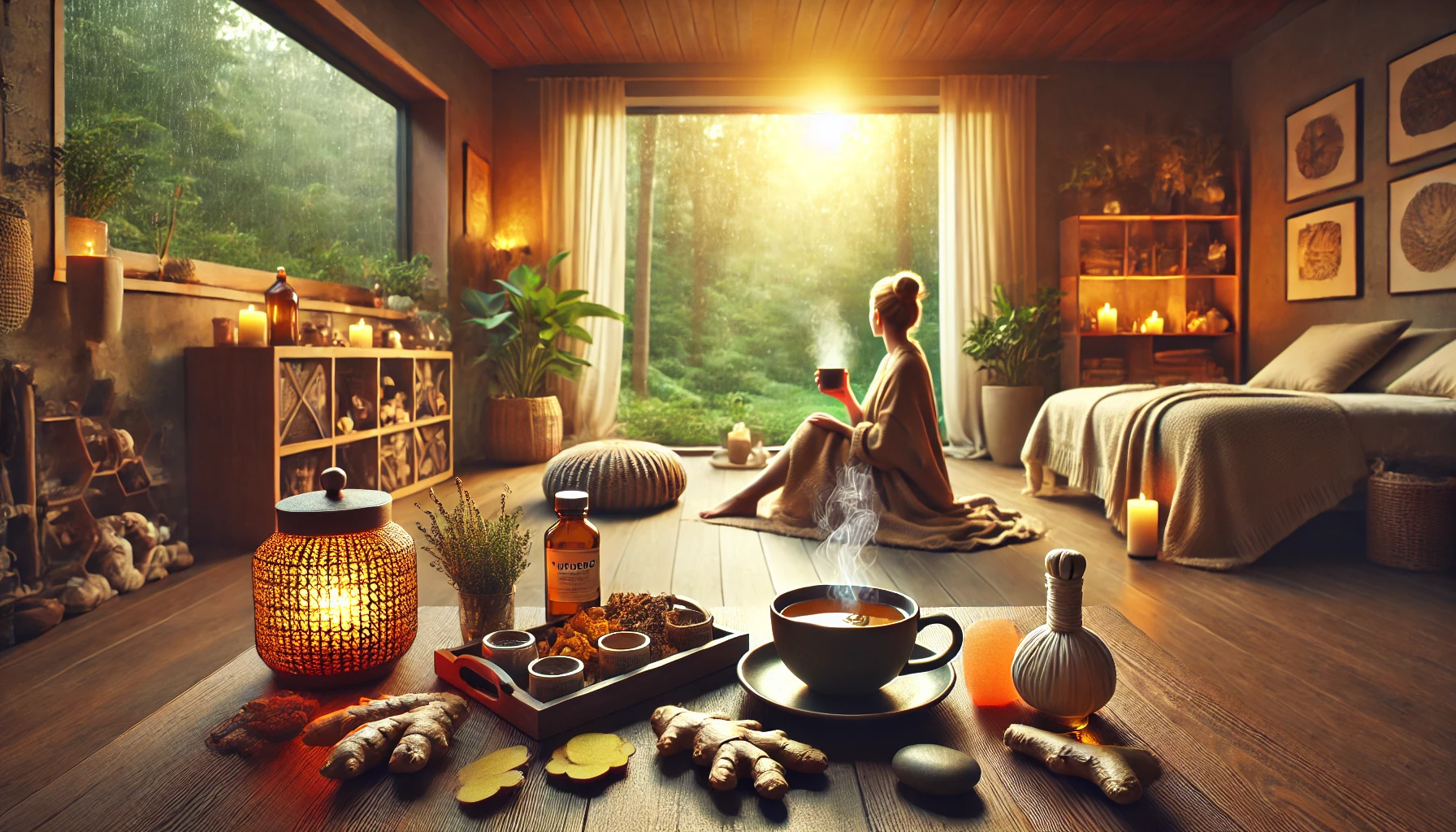 A person enjoys a relaxing moment with a steaming cup of herbal tea, surrounded by natural healing elements such as turmeric, ginger, essential oils, massage stones, and a Himalayan salt lamp. A large window in the background reveals a soft-focus view of lush greenery, creating a calming and rejuvenating ambiance that highlights comfort, self-care, and natural healing.