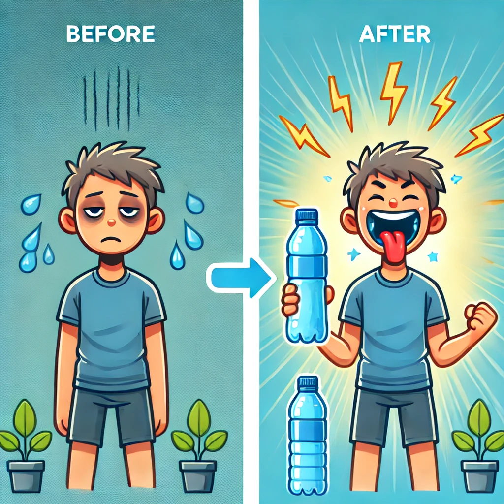 Illustration showing how proper hydration boosts energy levels and reduces fatigue.