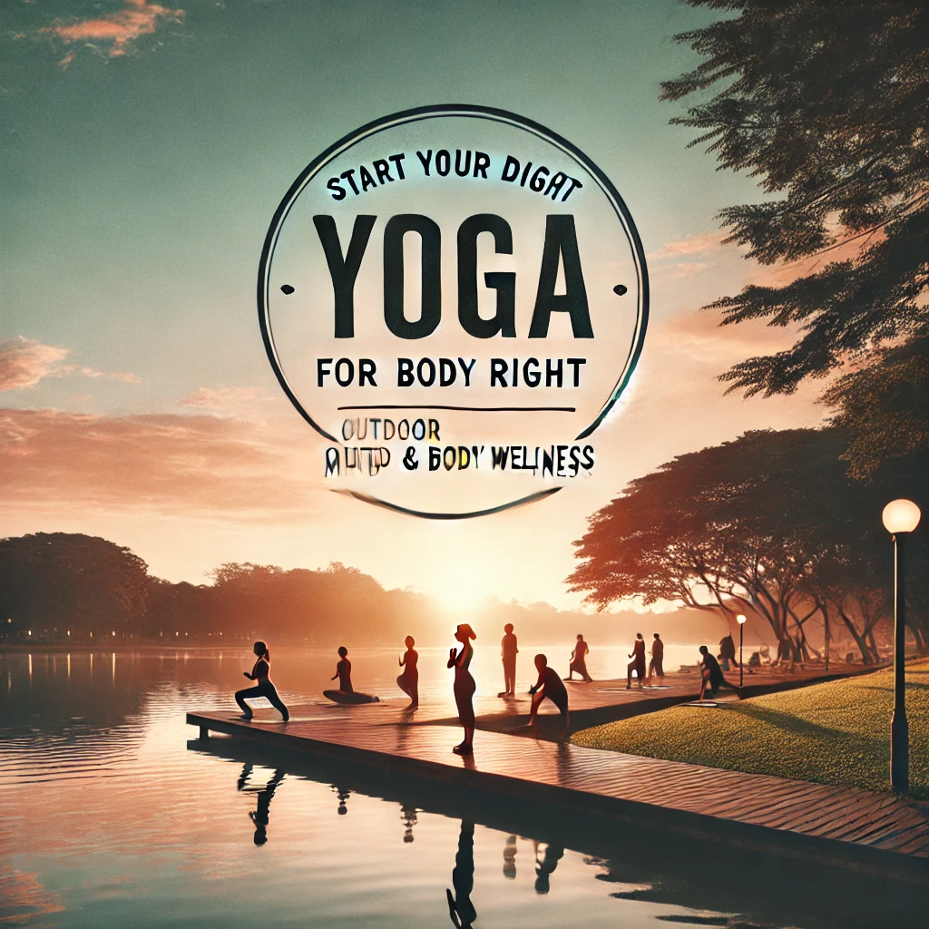 A serene lakeside park where people are practicing yoga at sunrise, highlighting the benefits of outdoor exercise for mind and body wellness.