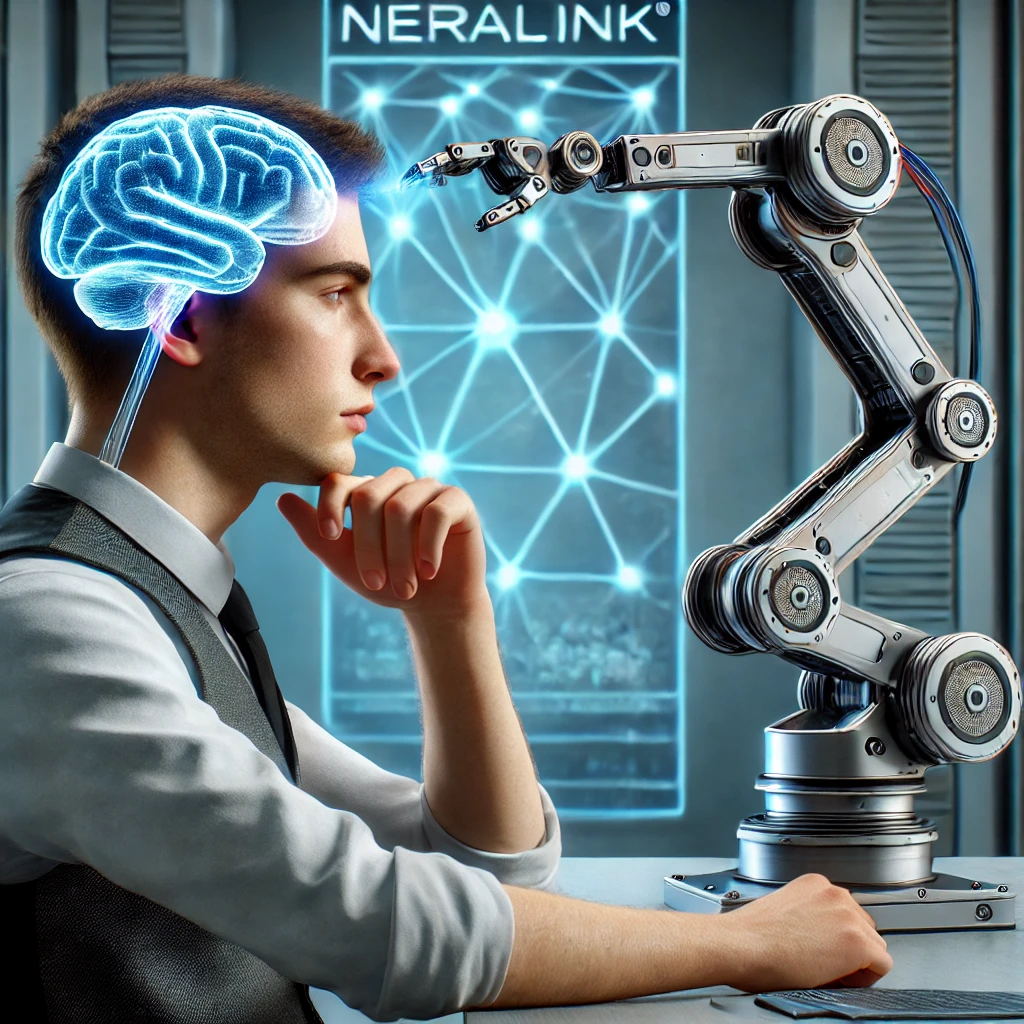 A futuristic close-up of a human brain with a Neuralink chip implanted, showcasing neural connections transmitting data.