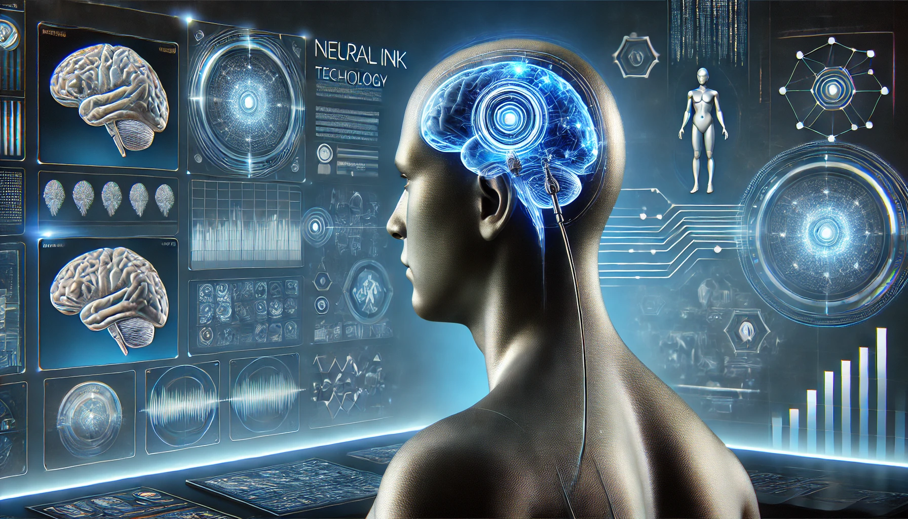 A realistic depiction of Neuralink technology showing a person with a futuristic brain implant connected wirelessly to a digital network, set in a high-tech laboratory with holographic brain activity data.