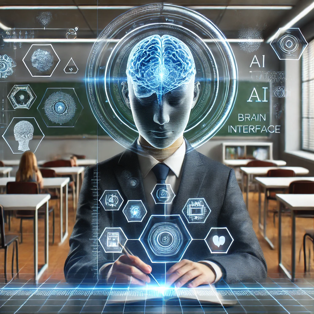 A student in a futuristic classroom using Neuralink technology to instantly learn complex subjects with AI-generated holographic information.
