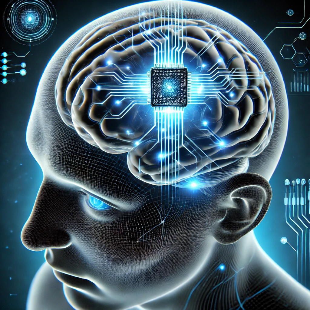 A hyper-realistic depiction of Neuralink technology, showing a human brain seamlessly connected to the digital world with glowing neural signals.