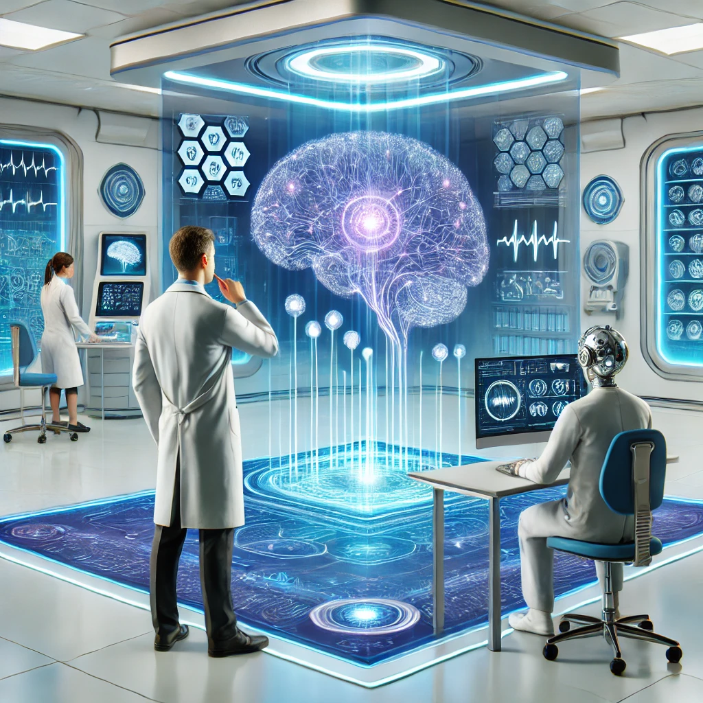A futuristic visualization of a person using Neuralink to control a holographic smartphone interface with their thoughts.