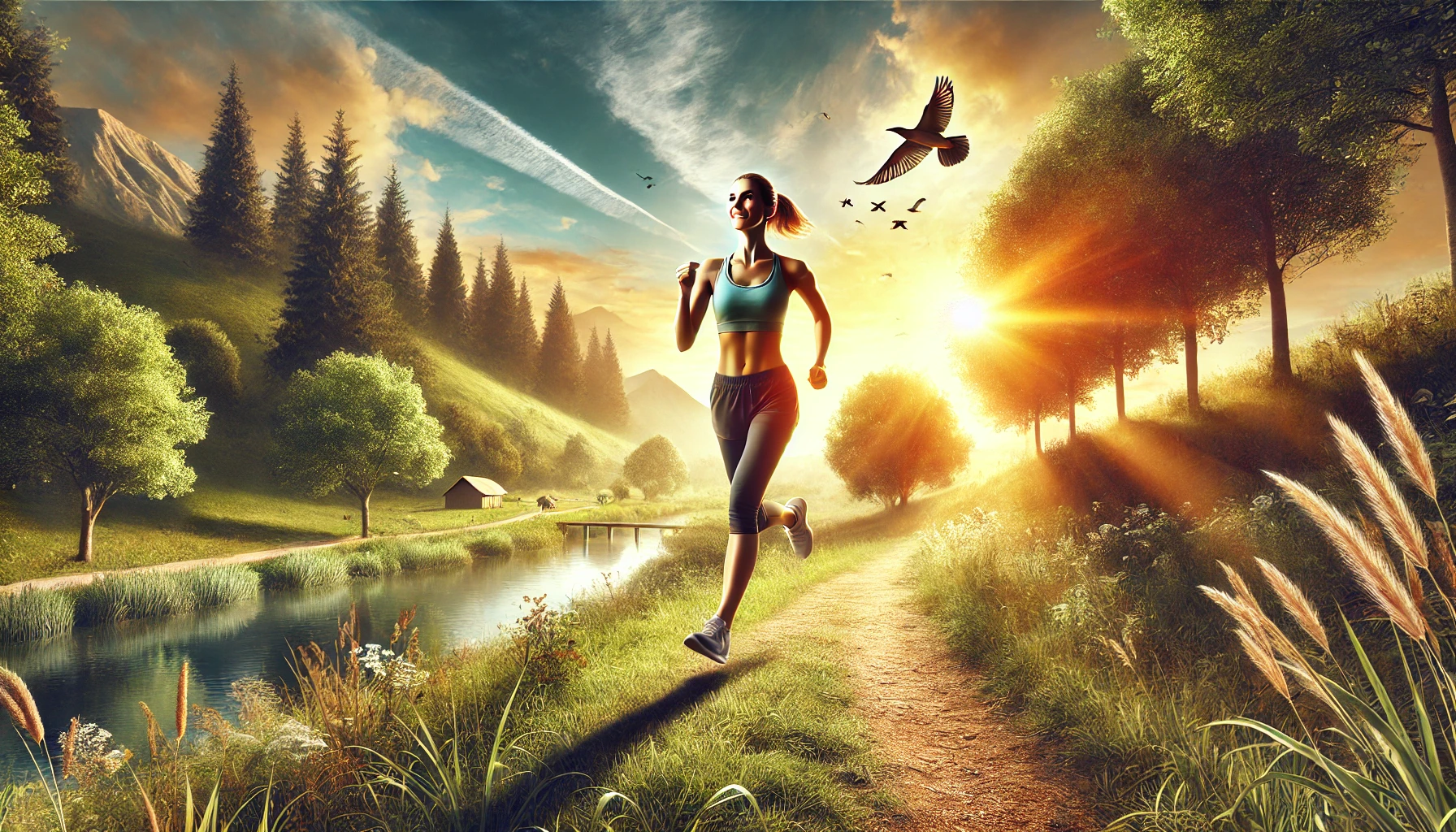 A person jogging on a scenic trail surrounded by nature, promoting outdoor activity for better health