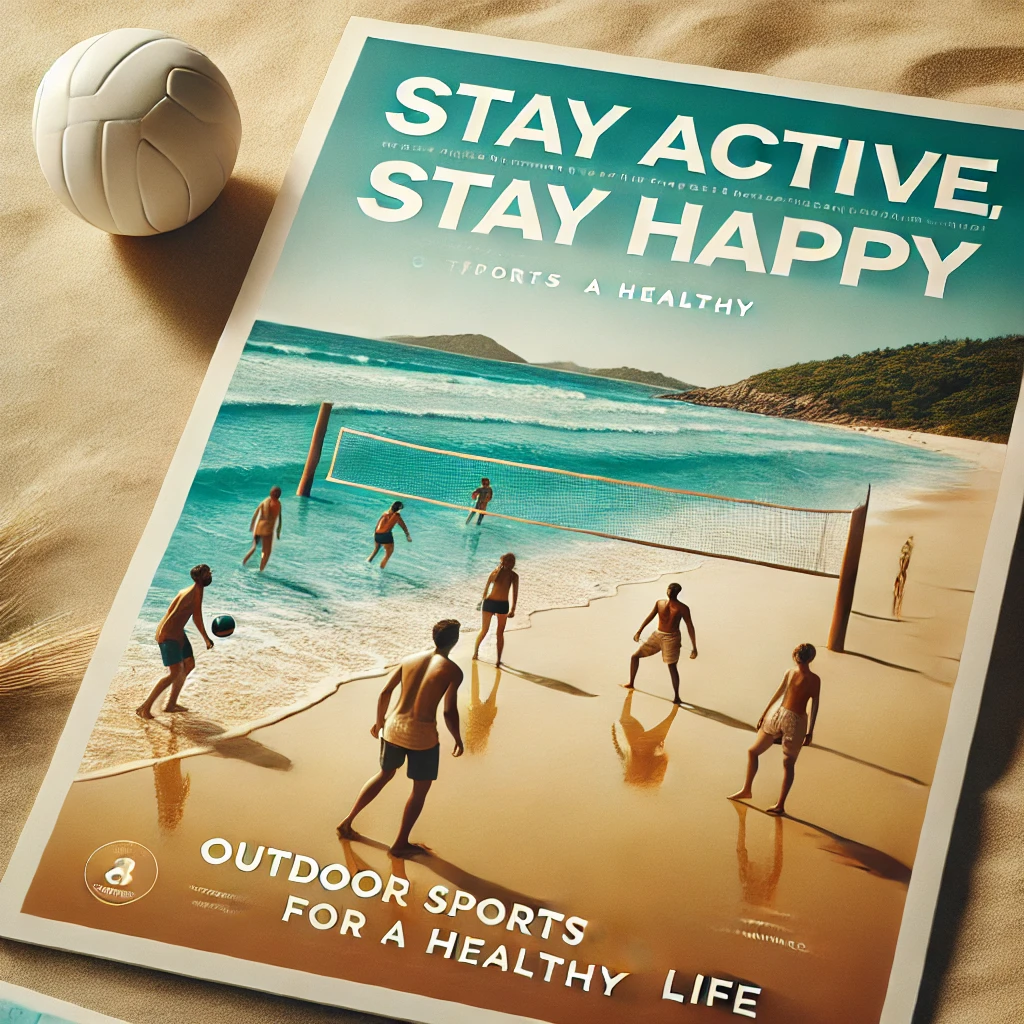 A scenic beach with friends playing volleyball, highlighting the benefits of outdoor sports for a healthy and active lifestyle.