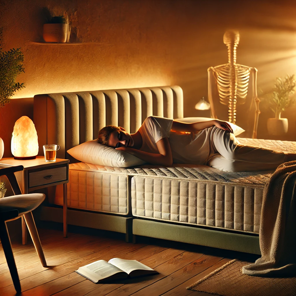 A high-quality image representing the importance of quality sleep for pain relief. A person sleeps comfortably on a supportive mattress with proper pillow alignment in a dimly lit bedroom. A bedside table holds herbal tea and a book, while a Himalayan salt lamp adds a warm, relaxing glow, emphasizing sleep hygiene and pain reduction.