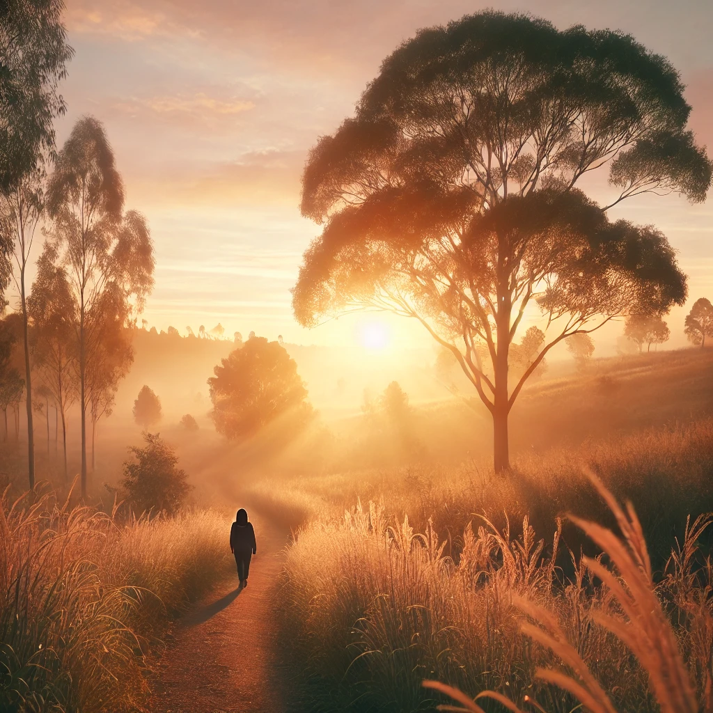 A person walking in the sunrise