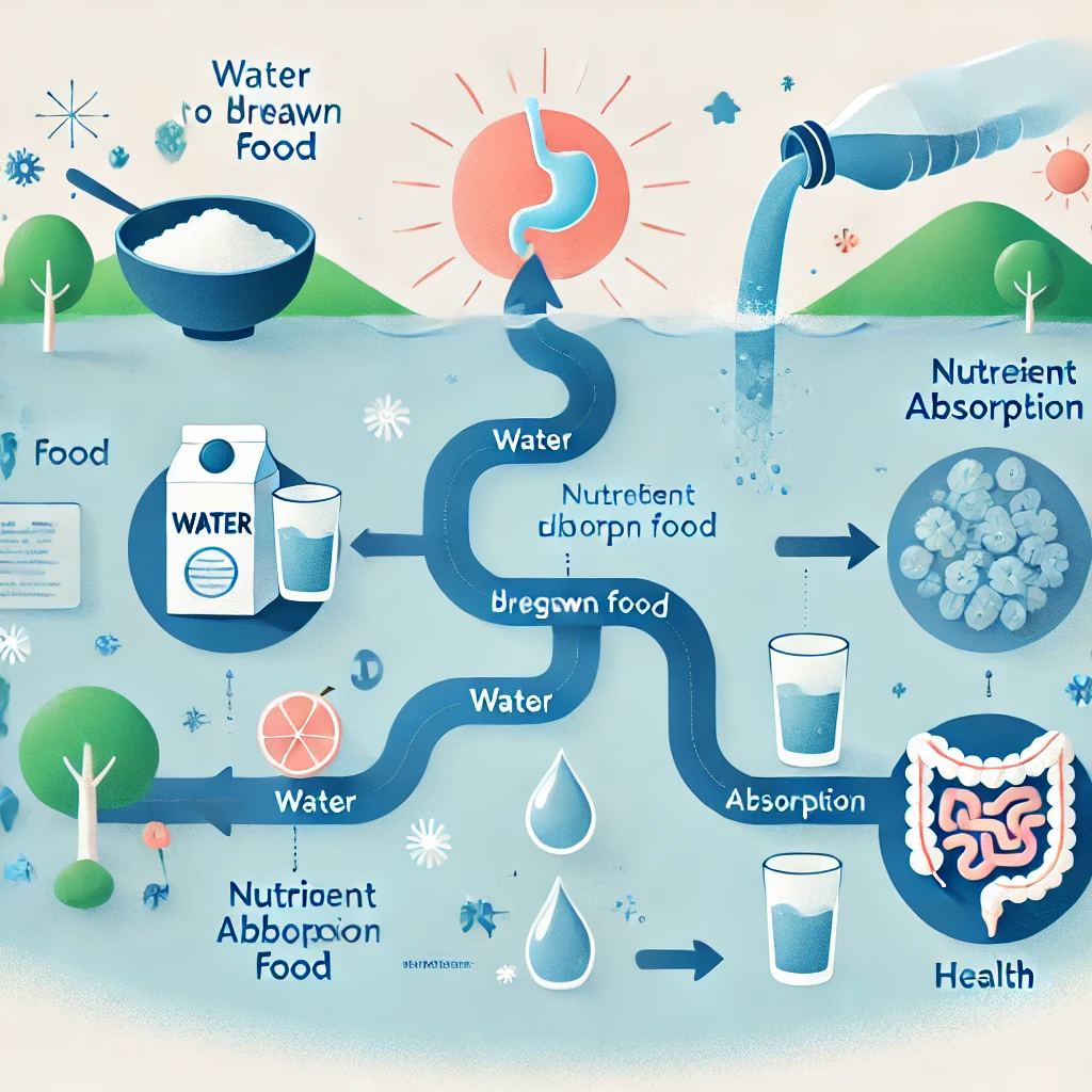 Infographic showing the benefits of water for digestion, nutrient absorption, and gut health.