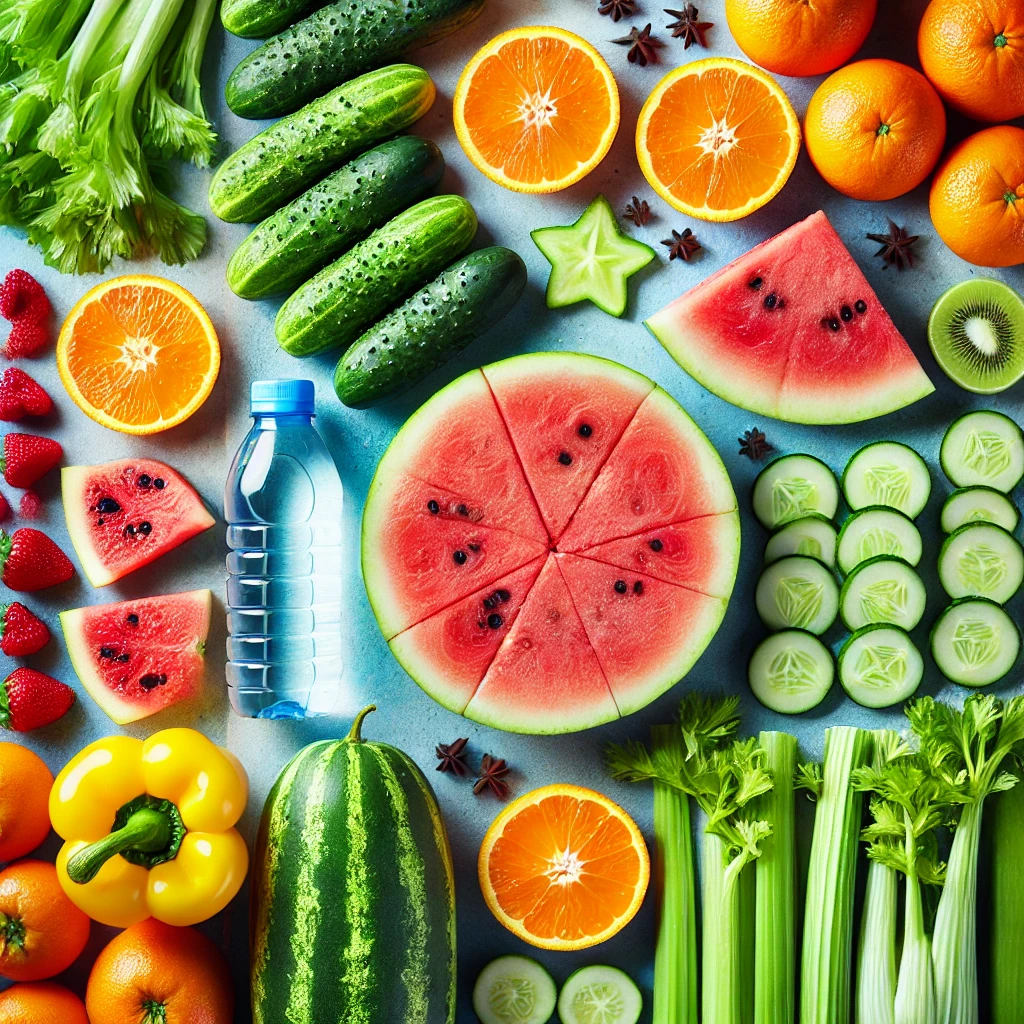 A collection of water-rich foods, including watermelon and cucumber, to help with daily hydration.