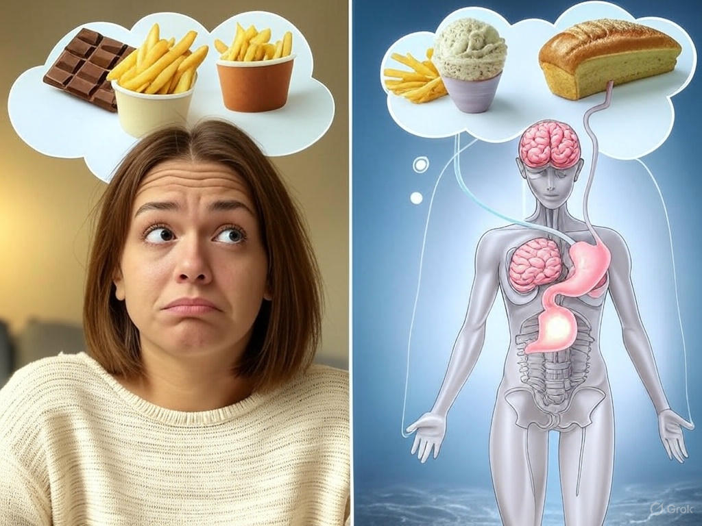 A split-screen hero image for a blog post titled "What Your Cravings Really Mean: A Nutritionist Explains." On the left, a woman with a puzzled expression has thought bubbles above her head showing cravings like a chocolate bar, fries, ice cream, and bread. On the right, a stylized internal body diagram highlights the brain, stomach, and heart, glowing and connected to the cravings with lines. The image uses warm neutrals, greens, and soft blues, with a text overlay that reads, "What Is Your Body Really Craving? Decode the Signals. Eat with Awareness."