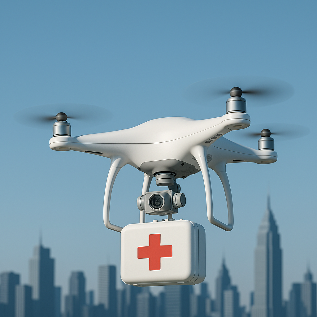 A high-tech drone carrying a medical first aid kit hovers over a cityscape, symbolizing the future of drone-assisted emergency response.
