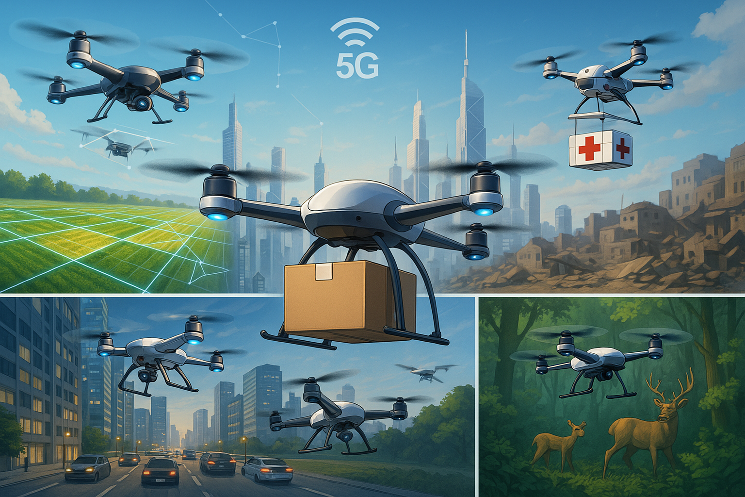 Futuristic drones in action across various industries, including delivery, agriculture, medical rescue, traffic monitoring, and wildlife conservation, set against a high-tech city skyline with AI and 5G connectivity.
