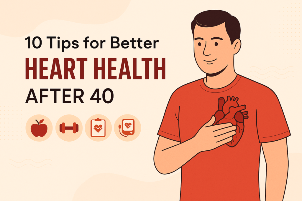 Professional digital illustration showing a middle-aged person jogging in a park with a glowing heart symbol, representing tips to improve heart health after 40.
