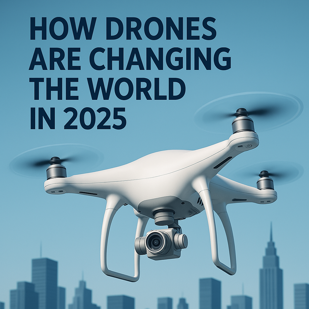 A high-tech quadcopter drone hovers over a futuristic city skyline with bold text "How Drones Are Changing the World in 2025," creating a modern and professional look.