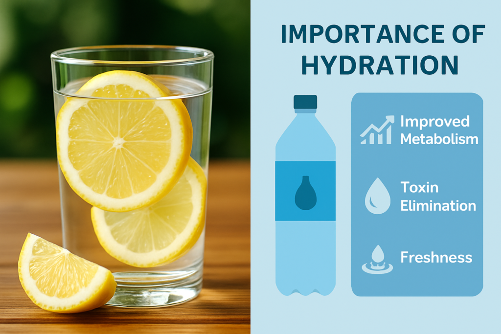 A glass of water with lemon slices on a wooden table next to an infographic illustrating hydration benefits like metabolism support and detoxification