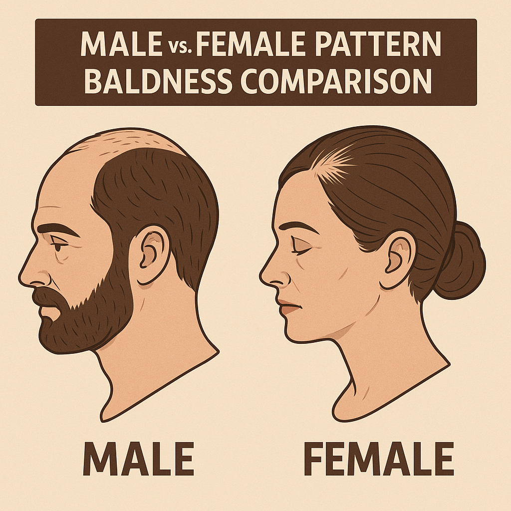 Side-by-side comparison of male and female pattern baldness, illustrating the distinct hair loss patterns in each gender.
