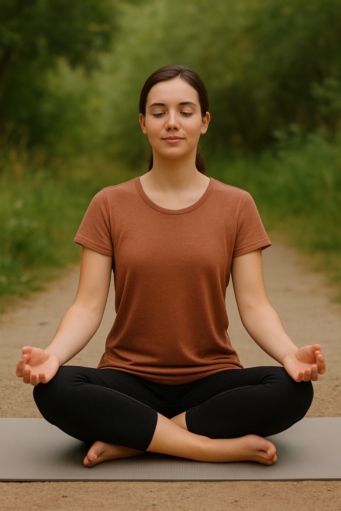 Woman meditating peacefully in lotus position on a yoga mat outdoors, surrounded by greenery, symbolizing stress relief and immune balance.